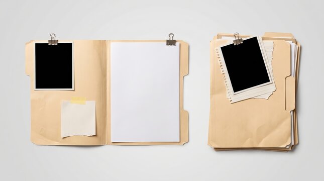 Open confidential manila document file folder mockup with blank papers and photo clips