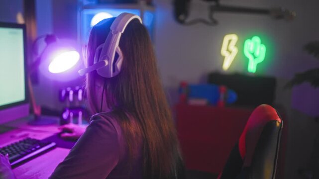 Woman gamer wearing headset touching headset with hand and smiling at camera at streaming studio desk with neon signs and monitor; playful joy.