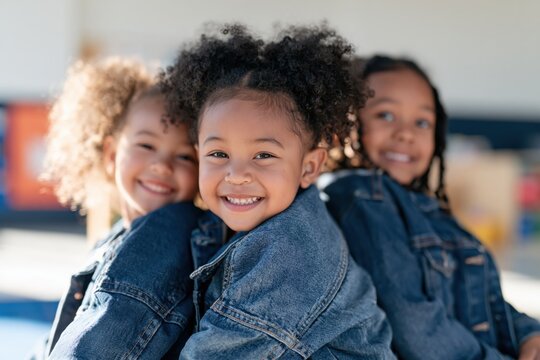 Happy diverse kindergarten children smiling together in a bright classroom for school background and classroom imagery suitable for educational projects