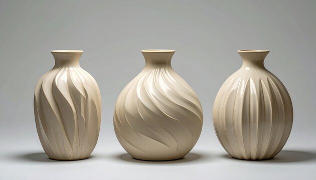 Set of three modern beige ceramic vases with minimalist shapes