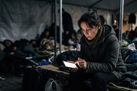 In a temporary shelter for those impacted by war, a woman sits on a cot, focused on her phone. Others rest on nearby cots as night falls around them