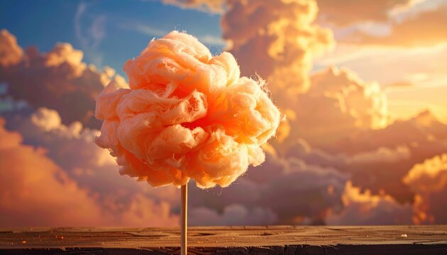 Fluffy orange cotton candy on a wooden stick