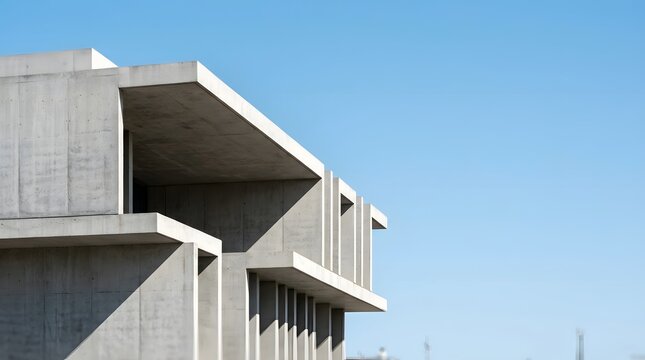 Modern concrete building architecture against clear blue sky.