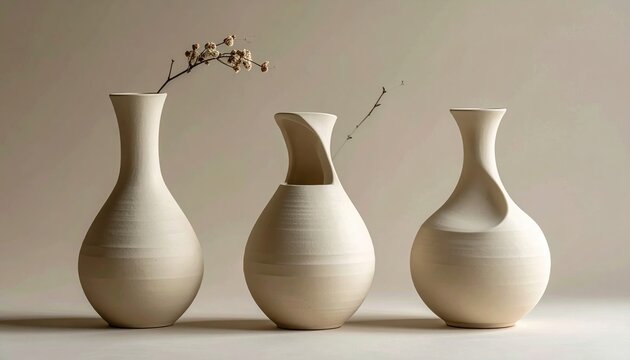 Set of three modern beige ceramic vases with minimalist shapes