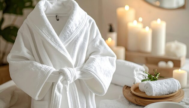 White luxury spa bathrobe with relaxing wellness accessories