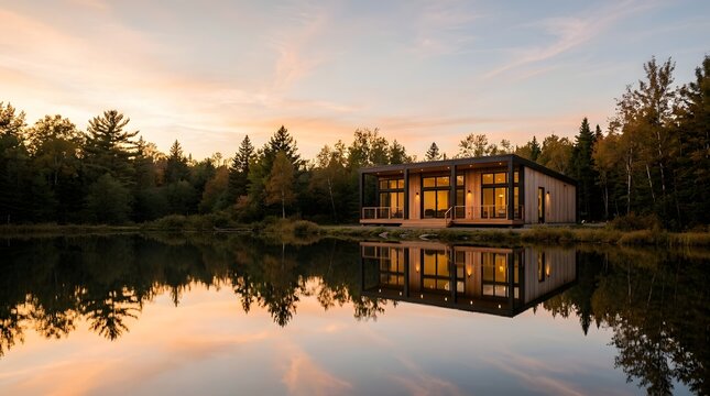 Modern Minimalist Cabin on Pond at Sunset.