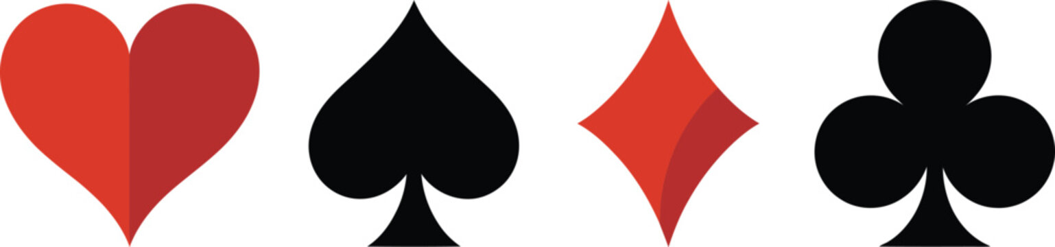 Playing Card Suit Icon Set, heart spade diamond and club symbols representing traditional card suits for poker casino games and digital graphics.
