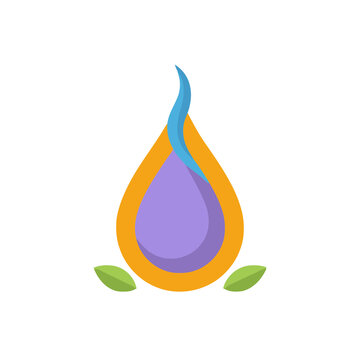 Abstract drop shape with blue swirl and green leaves