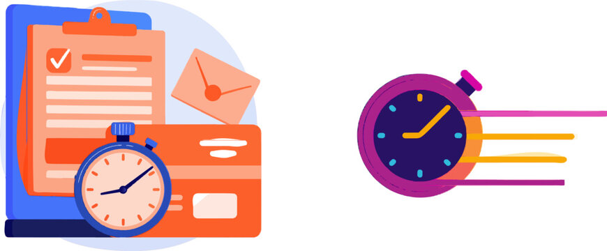 A vibrant, flat vector illustration depicts a digital transaction timestamp on an orange clipboard with a blue pen, emphasizing the exact moment of buyers obligation fulfillment