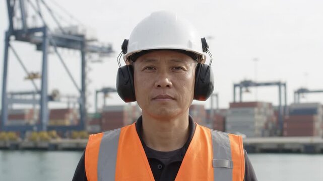 Port Worker Lowering Safety Earmuffs at Shipping Container Terminal