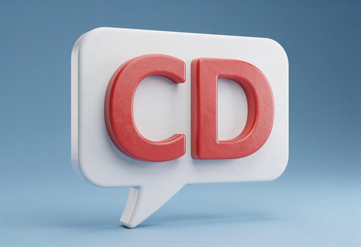 Red 3D letters CD inside white speech bubble icon on blue background message notification symbol 3D render graphic