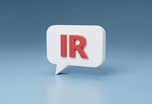 Red IR investor relations text in white 3D speech bubble floating on minimal blue background 3D render