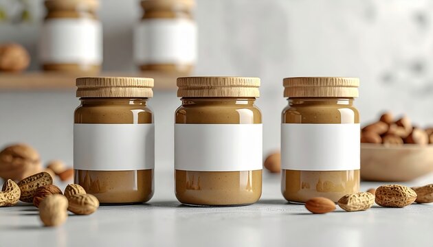 Glass jars of nut butter with blank labels for packaging mockups
