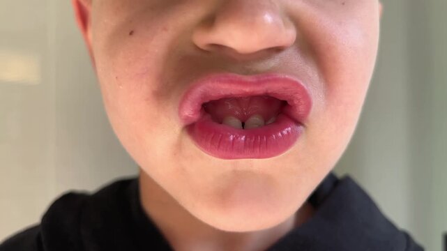 Child with primary teeth puffs lips and huffs while showing visible enamel changes, expressing anger. Dental health, emotions, pediatric dentistry, oral care.
