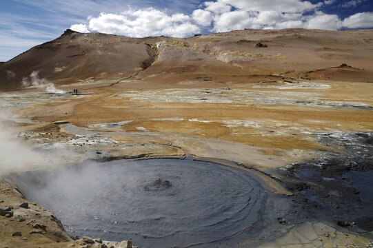 Hot mud springs bubbling in geothermal landscape with different colours, Myvatn, Namaskard, Namafjall, Iceland
