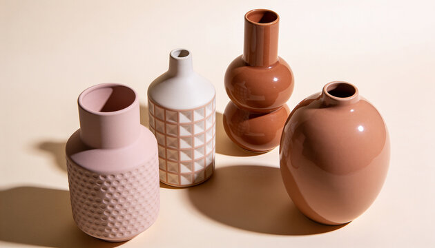 Ceramic vase collection in modern minimalist style on neutral background with soft shadows and earthy tones
