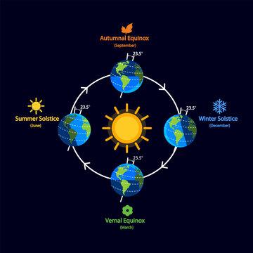 Earth orbit around sun infographic with changing seasons diagram, summer and winter solstice with autumnal and vernal equinox, earth during various seasons, planet movement around sun, vector