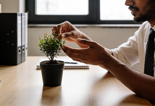 Businessman Tending Small Green Potted Plant on Wooden Desk in Bright Modern Office with Natural Light