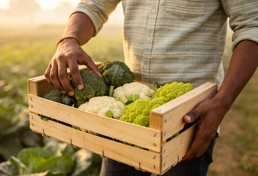 Farmer holding wooden crate filled with fresh broccoli and cauliflower in organic vegetable farm field at sunset