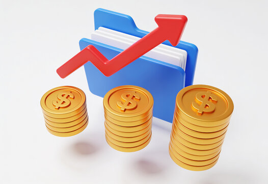 Blue Office Folder with Rising Red Arrow and Stacks of Golden Dollar Coins for Financial Success 3D Render Illustration