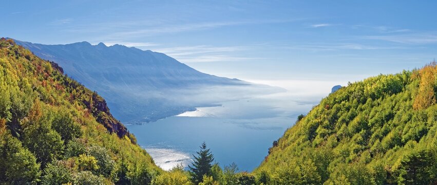 Mountain forest on the western shore of Lake Garda with the southern Monte Baldo mountain range, Limone Sul Garda, Brescia, Lake Garda West, Lombardy, Italy