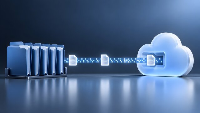Digital data transfer from physical folders to cloud storage illustrating cloud computing and data backup concepts with glowing lines and documents.
