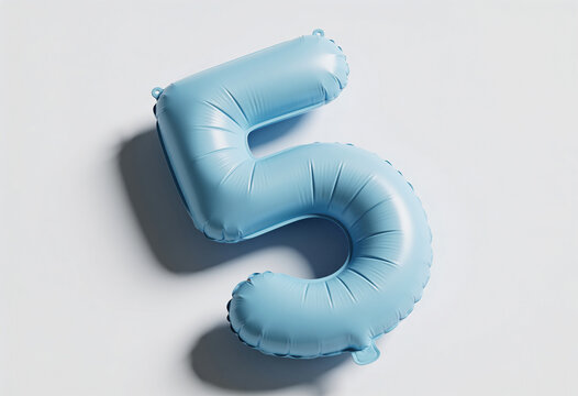 Light blue foil balloon number 5 isolated on white background with soft shadow realistic 3D render graphic asset