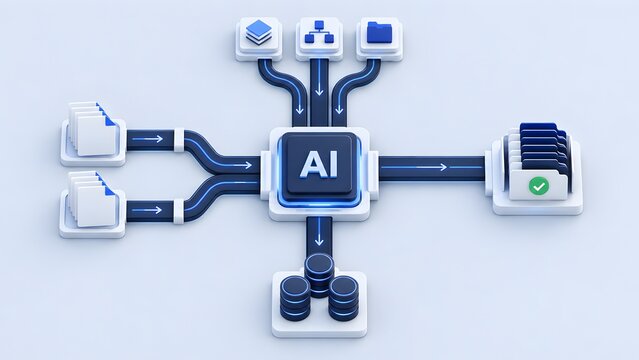 Artificial intelligence AI system processing data flow from documents to database and outputting organized files concept of automation and data management