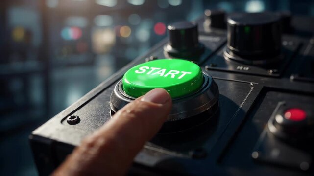 Finger Pressing Green Start Button on Control Panel in Dim Industrial Setting Cinematic Close Up