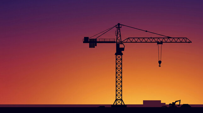 Minimalist vector silhouette of a construction tower crane against a colorful gradient sunset sky