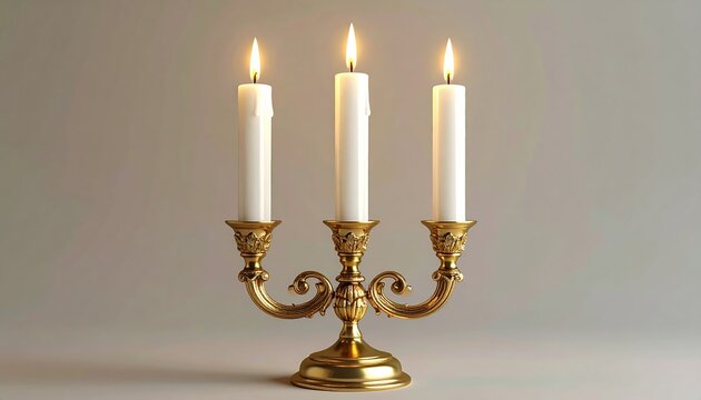 Golden candelabra with three burning white candles, elegant classic decoration