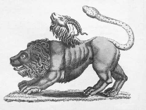 Chimera or Chim&auml;ra, mythical creature, black and white copperplate engraving from Friedrich Justin Bertuch's picture book for children, Vienna 1801
