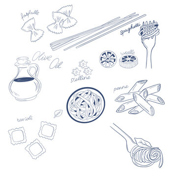 Italian pasta types doodle set with olive oil jar spaghetti farfalle penne ravioli line art vector illustration isolated on background