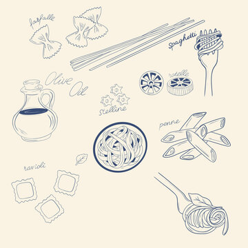 Italian pasta types doodle set with olive oil jar spaghetti farfalle penne ravioli line art vector illustration isolated on background