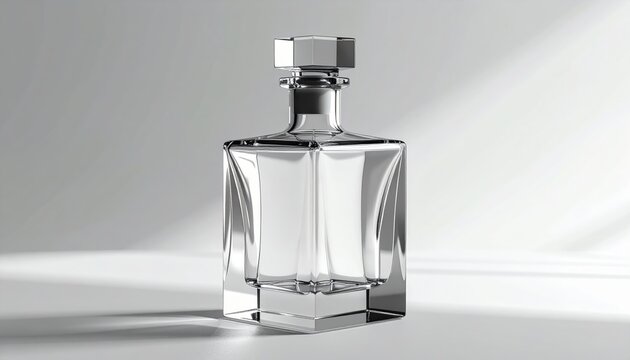 Empty square clear glass decanter bottle with stopper and minimalist design