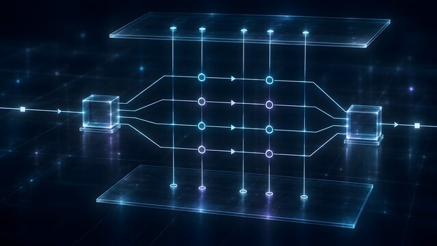 Abstract digital network diagram with glowing lines and nodes representing data flow and connectivity in a futuristic technology concept.