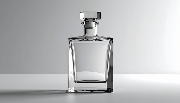 Empty square clear glass decanter bottle with stopper and minimalist design