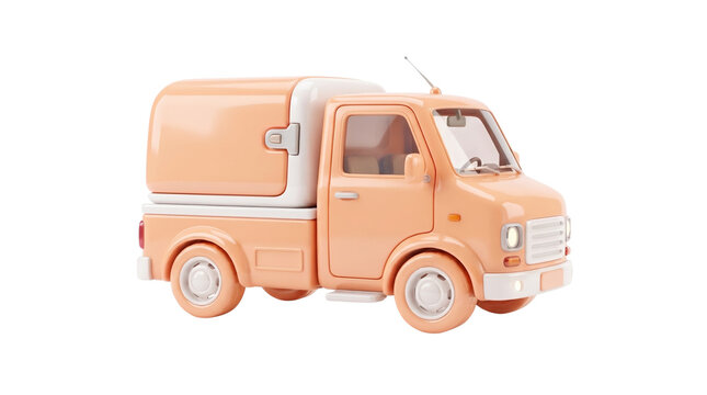 Peach colored miniature delivery truck, cute toy cargo van for logistics and shipping concepts, small plastic transport vehicle on white background