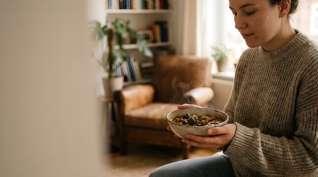 Young Woman Holding Warm Bowl of Curry at Home.
