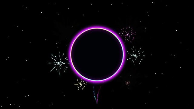 Glowing neon circle with fireworks in dark starry space