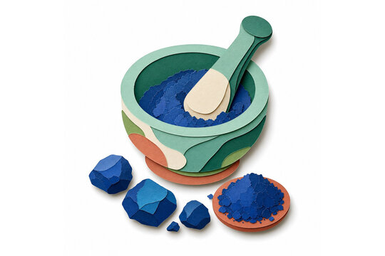 Blue azurite ground to pigment in a stone mortar