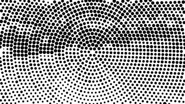 Abstract halftone pattern with concentric circles of black dots creating a dynamic radial distortion effect, vector illustration