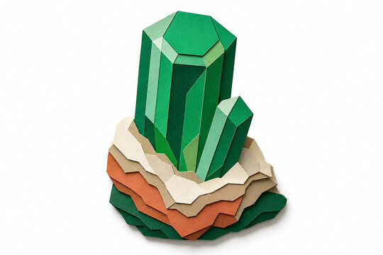 Emerald hexagonal green crystal on rock matrix