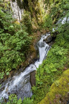 Small waterfall, M&uuml;hldorfer Bach flows through the Barbarossa Gorge, long exposure, M&ouml;lltal, M&uuml;hldorf, Carinthia, Austria