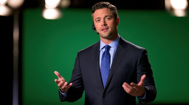 A well-dressed man gestures while speaking, set against a plain green background