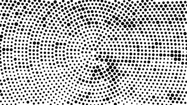 Abstract halftone dot pattern background in black and white with a radial burst effect, isolated on white background