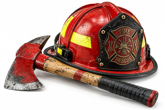 Professional red firefighter helmet and rescue axe representing emergency services, fire safety and protective equipment