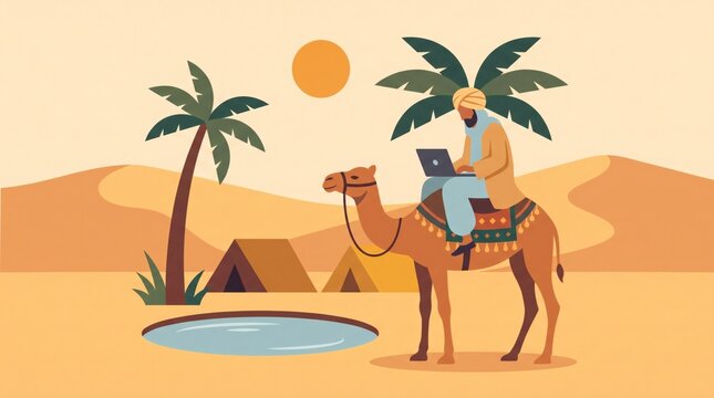 Digital nomad working on laptop while riding camel in desert oasis, minimalist vector art.