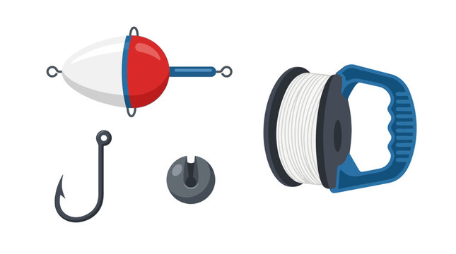 Fishing Gear: Bobber, Hook, Sinker, and Reel with Line