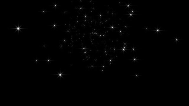 Magic glitter sparkle star blast animation with glowing doodle stars, twinkling starlight particles, fairy dust flow, sparkling comet trail, radiant magic graphics black background. 4k video